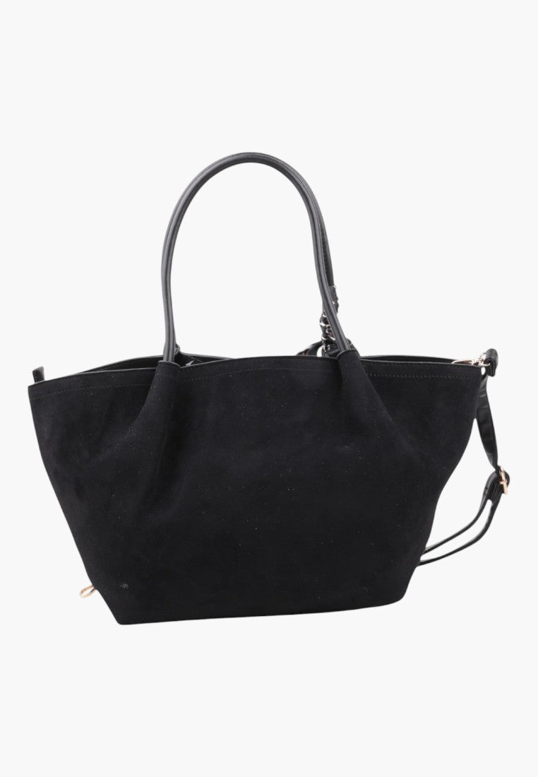 Front view of the black faux leather shopper bag with zip closure, spacious design.