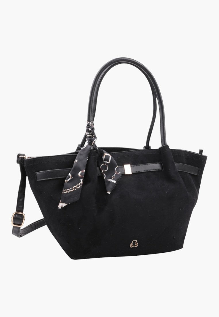 Front view of the black faux suede shopper bag with decorative scarf.