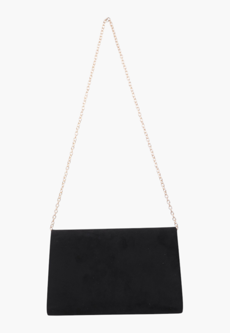 Front view of the black faux leather evening clutch with a gold chain strap.