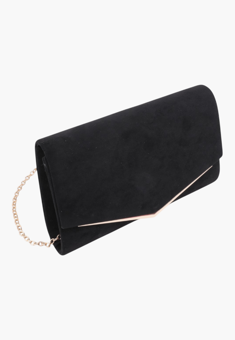 Side view of the elegant black faux suede evening clutch with a gold chain strap.