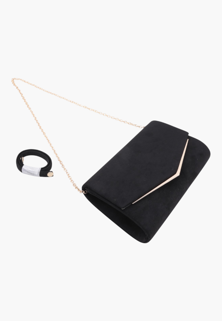 Front view of the black faux suede envelope clutch with a gold chain strap.