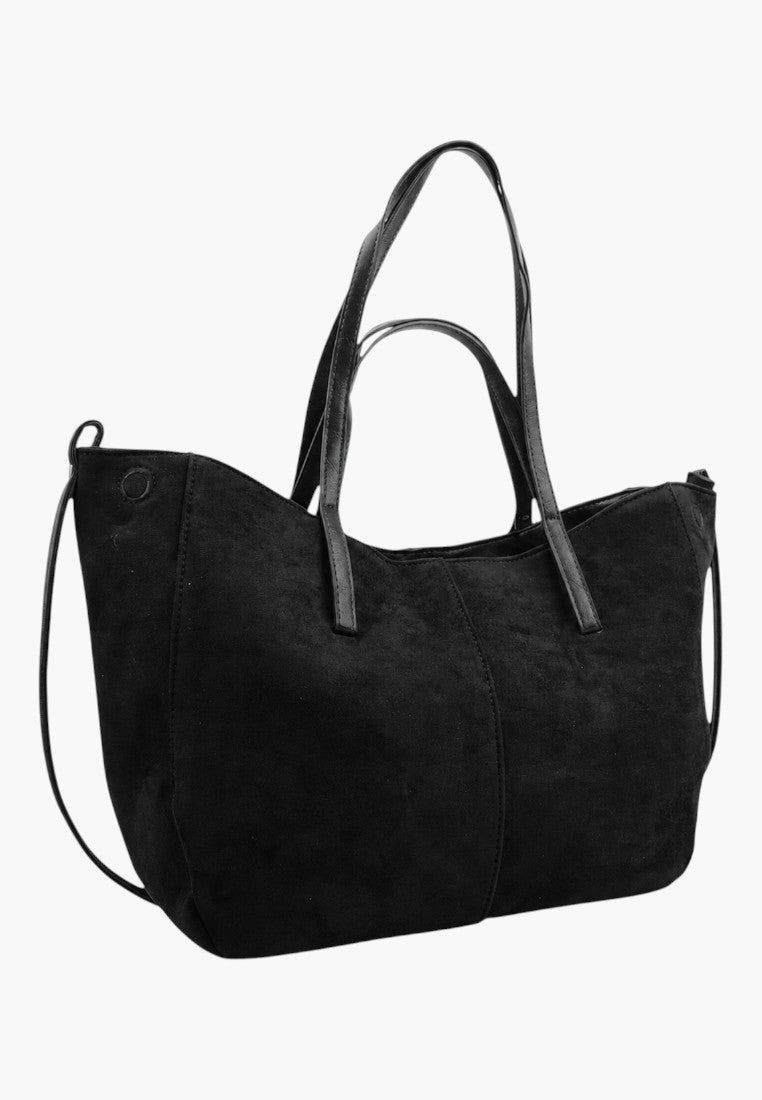 Widok z boku czarnej torebki shopper z ekoskóry, z przestronną komorą A4 i zamkiem.