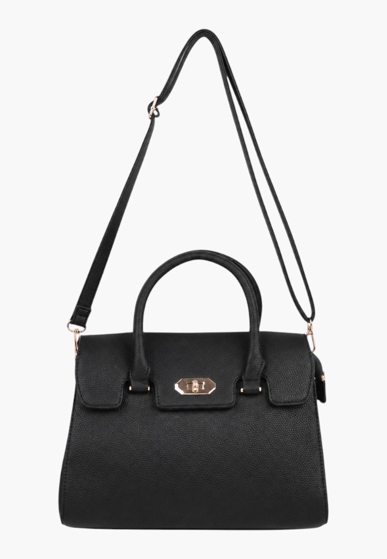 Back view of a black handbag featuring an adjustable strap and gold hardware against a white background.