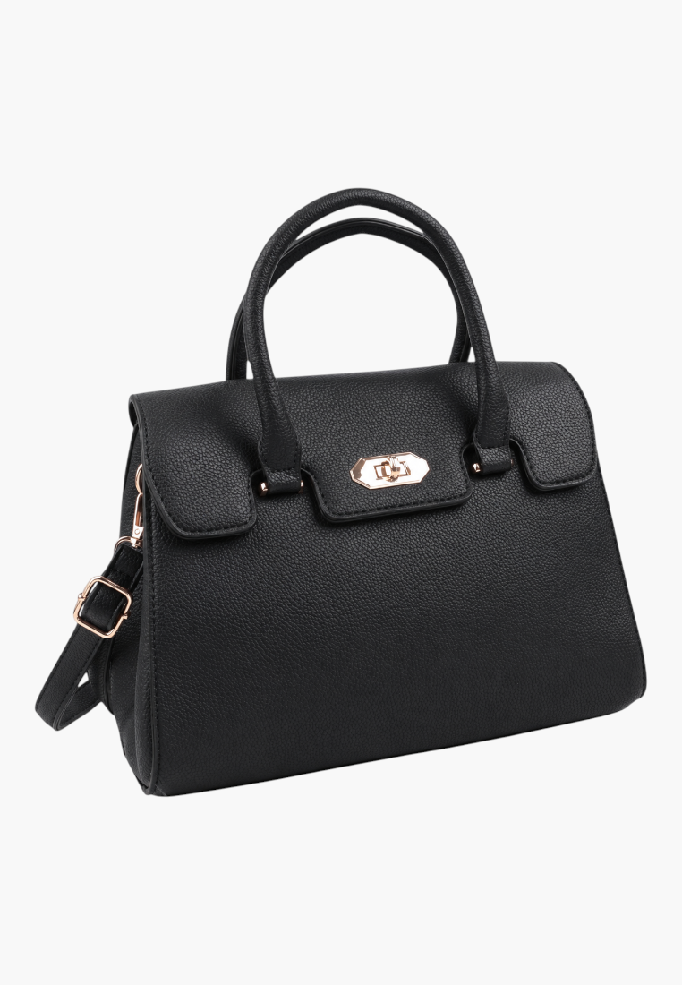 Front view of a black handbag with top handles and gold hardware on a white background.