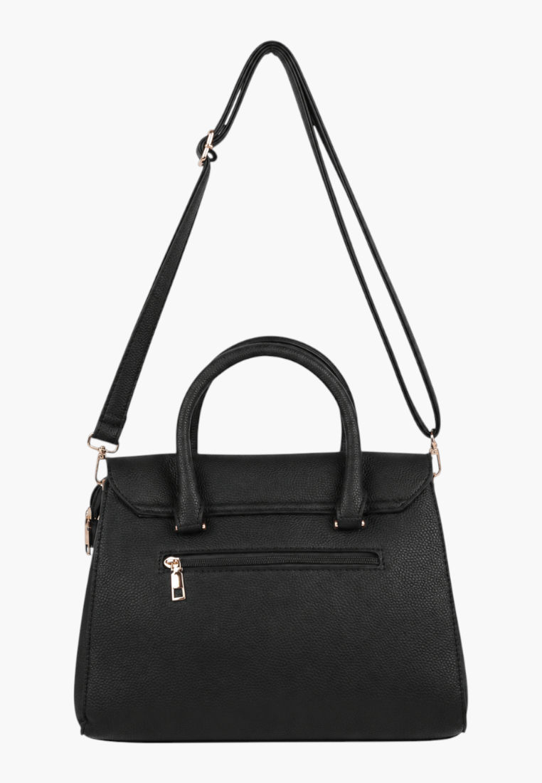 Side view of a black handbag with a zipper closure and gold hardware on a white background.