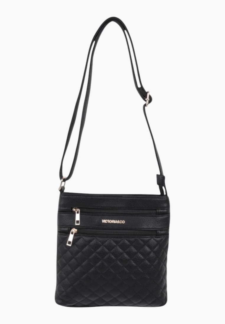 Front view of the black handbag with adjustable strap and front zipper pocket.