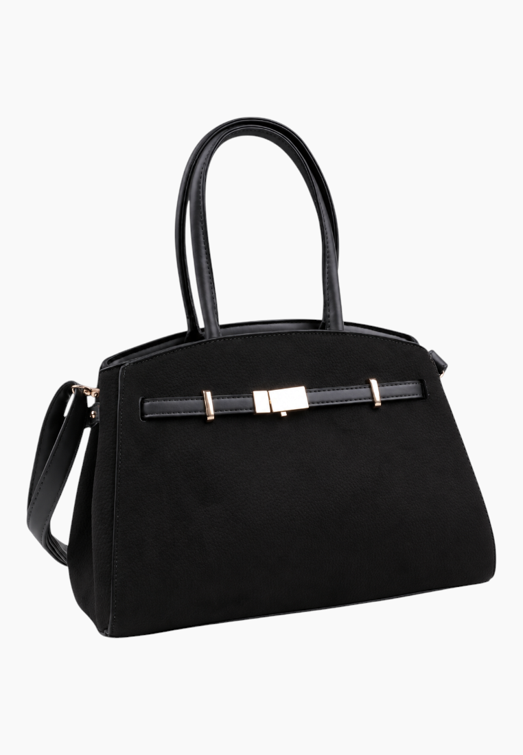 Front view of the black handbag featuring gold hardware and zipper closure.