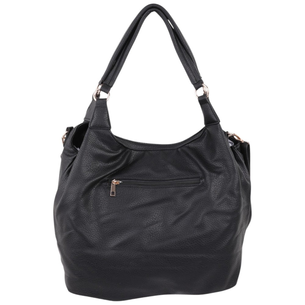 Back view of the black handbag with zipper closure on a white background