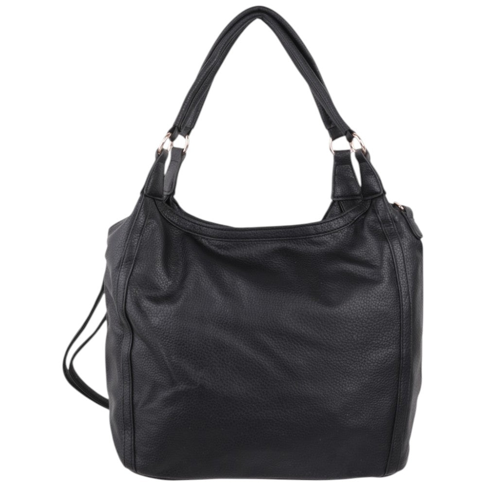 Front view of the black handbag with double handles on a white background
