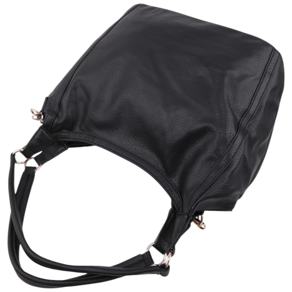 Front view of the black handbag with zipper closure on a white background