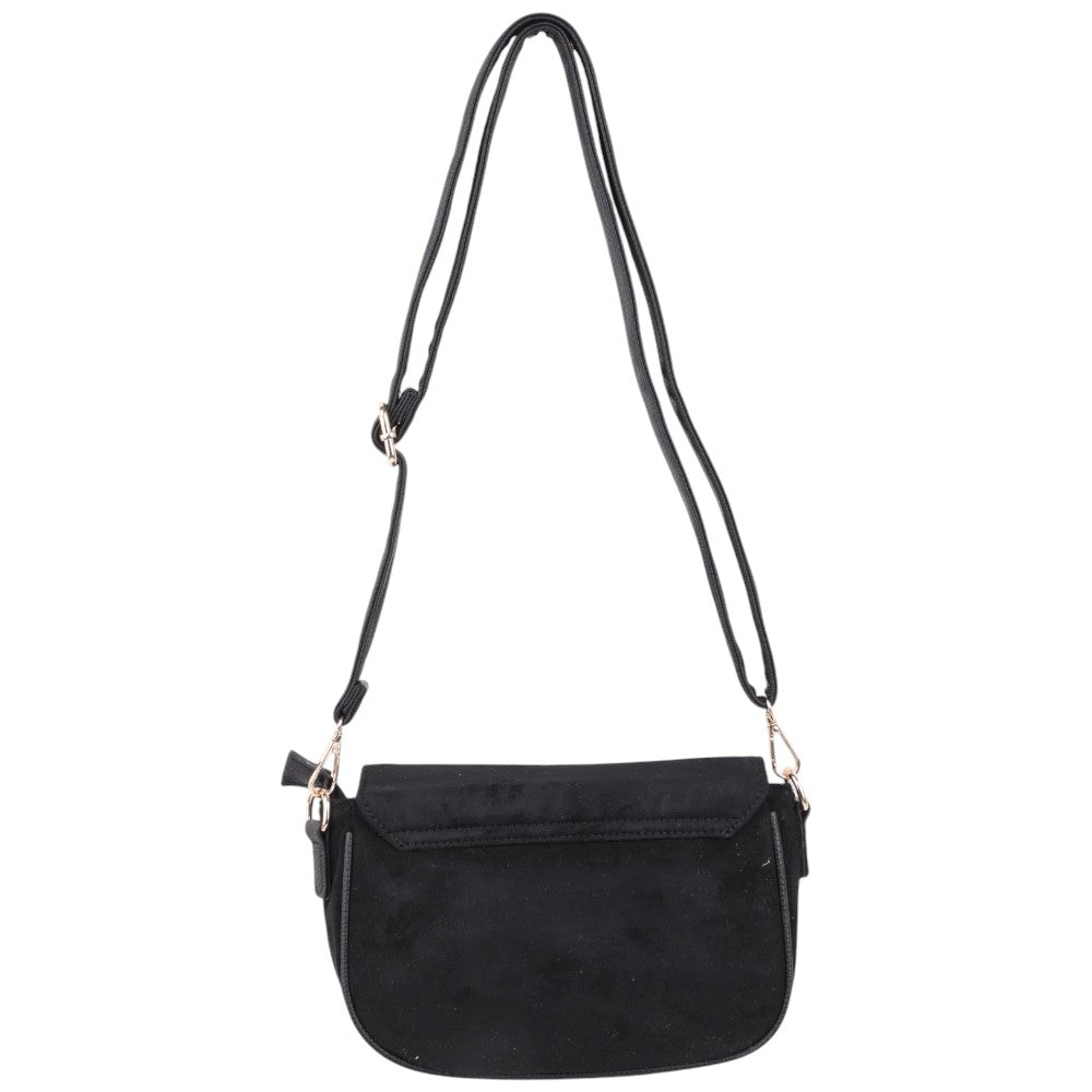 Back view of the black suede handbag showcasing its adjustable strap and simple design.
