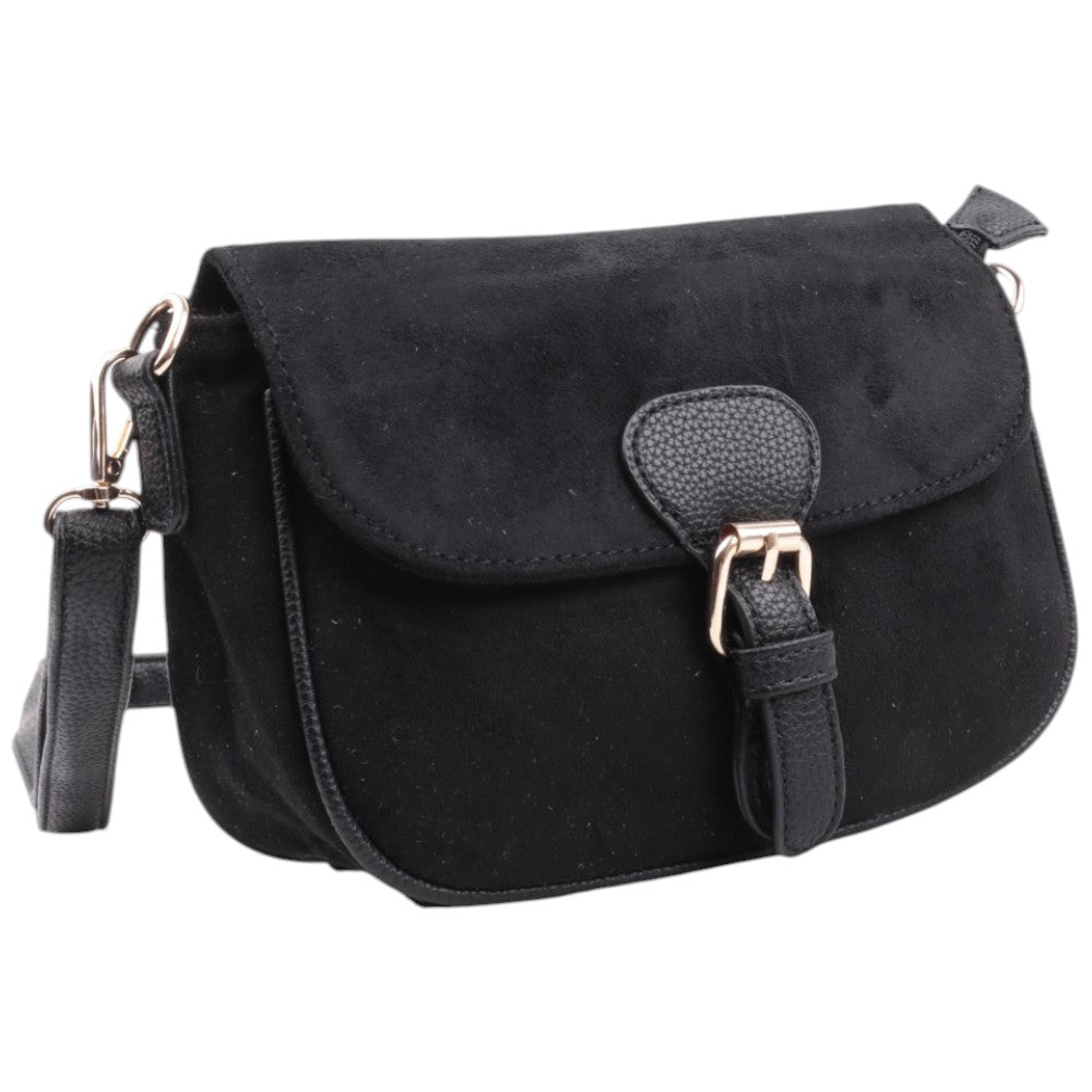 Detail view of the black suede handbag featuring a flap closure and gold hardware.