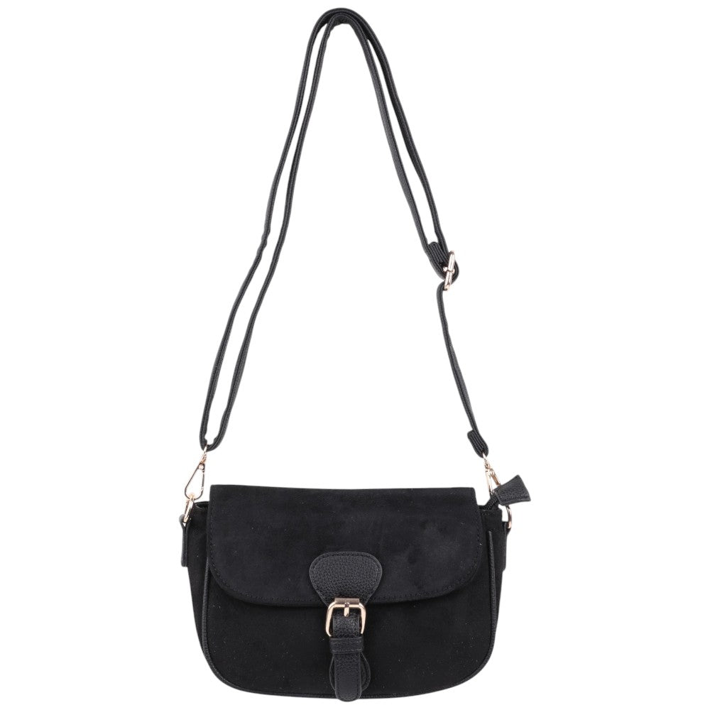 Front view of the black suede handbag with an adjustable strap and flap closure.