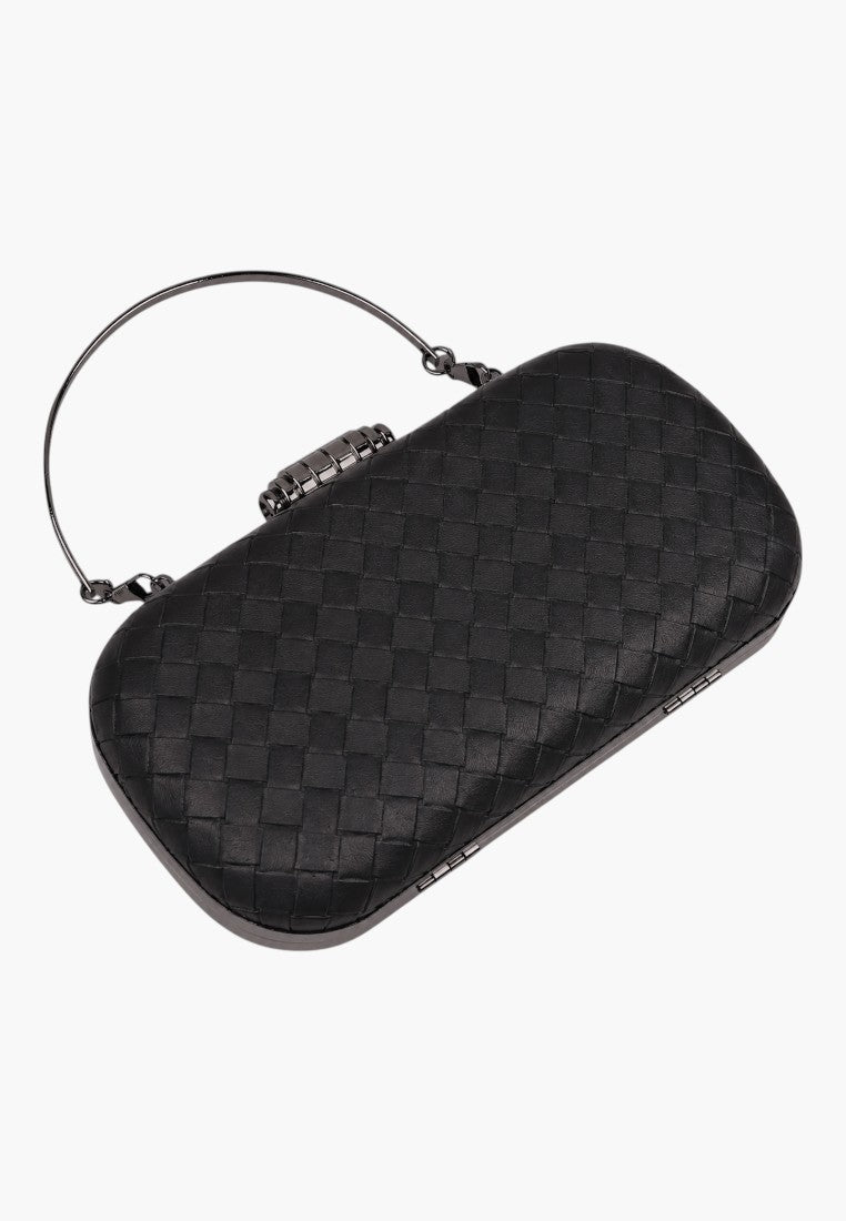 Back view of a black clutch bag showcasing a textured back and metal clasp.