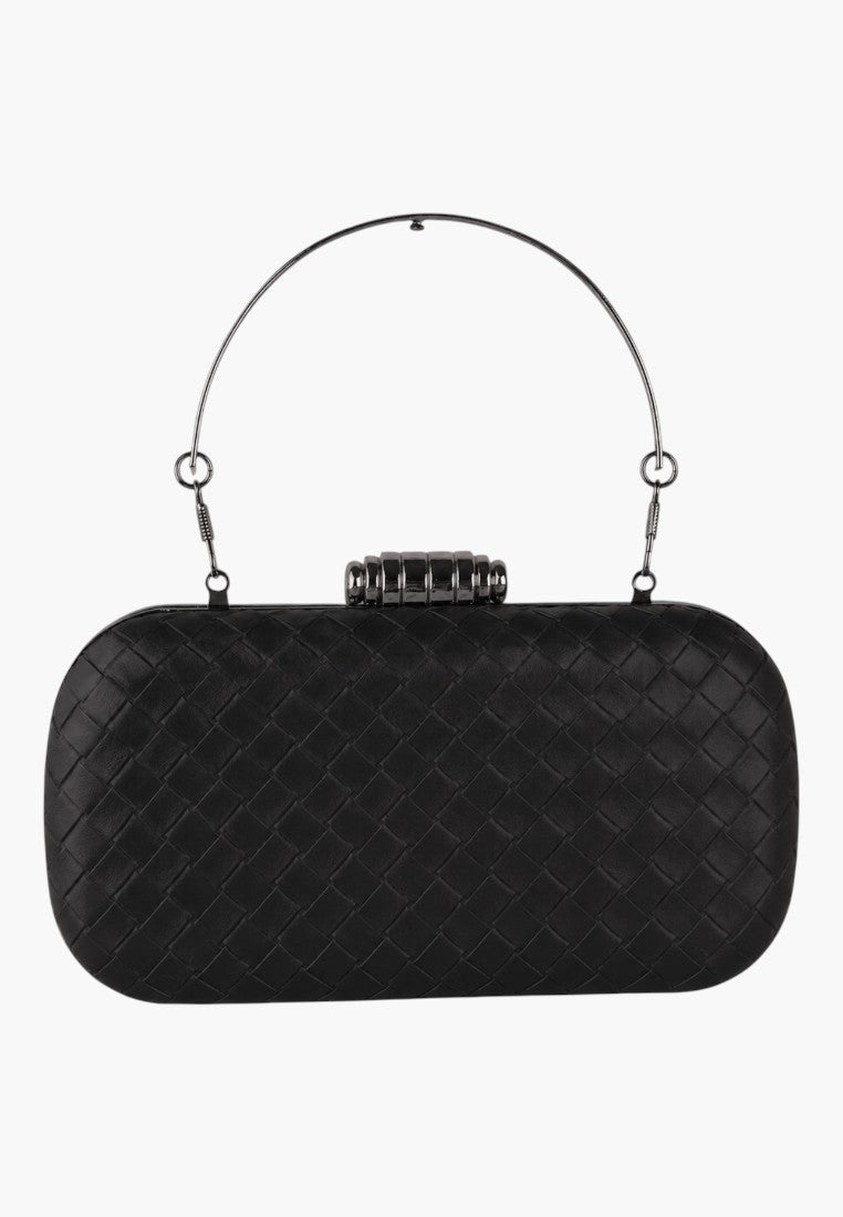Front view of a black clutch bag with a metal handle and textured surface.