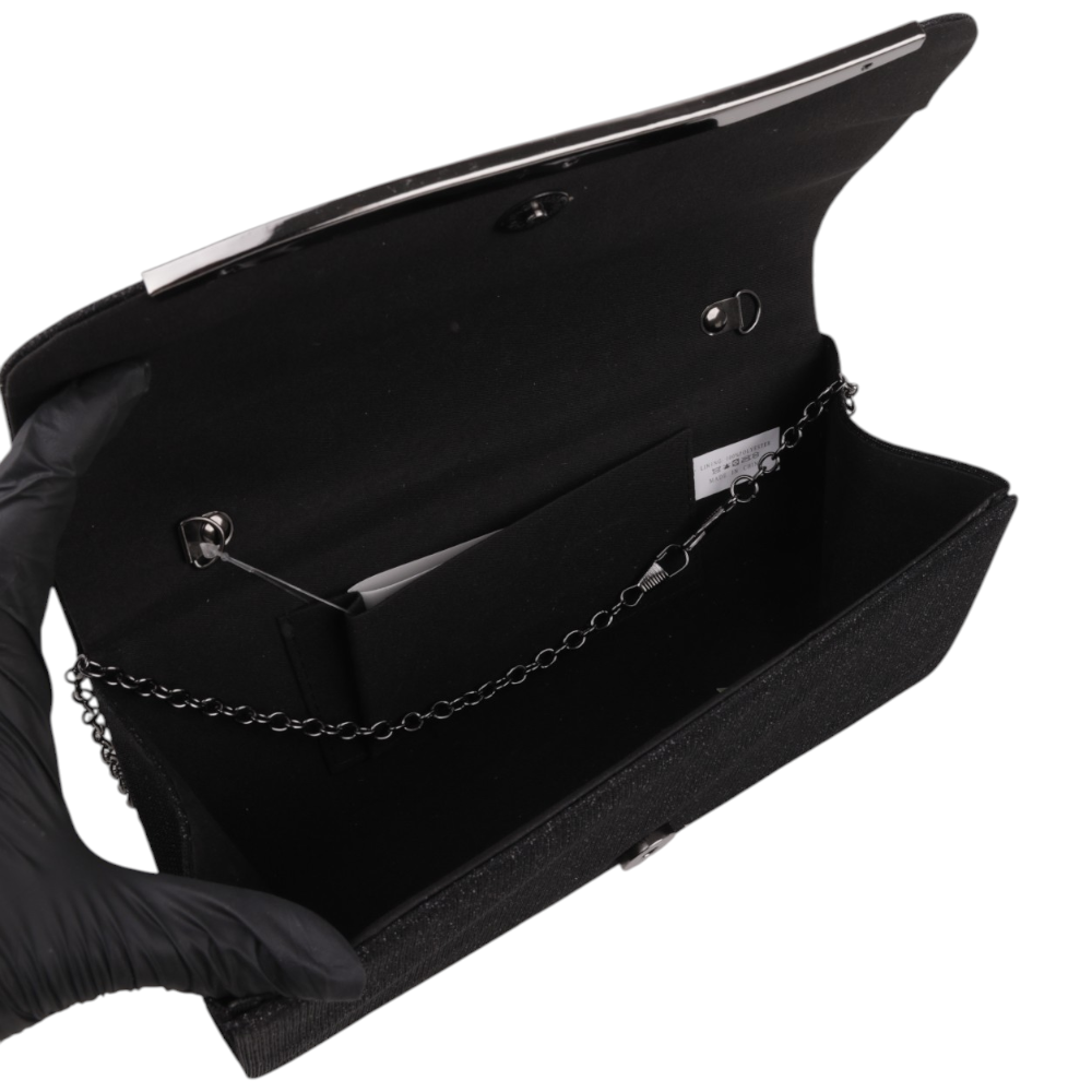 Front view of the black clutch bag with smooth fabric and chain strap.