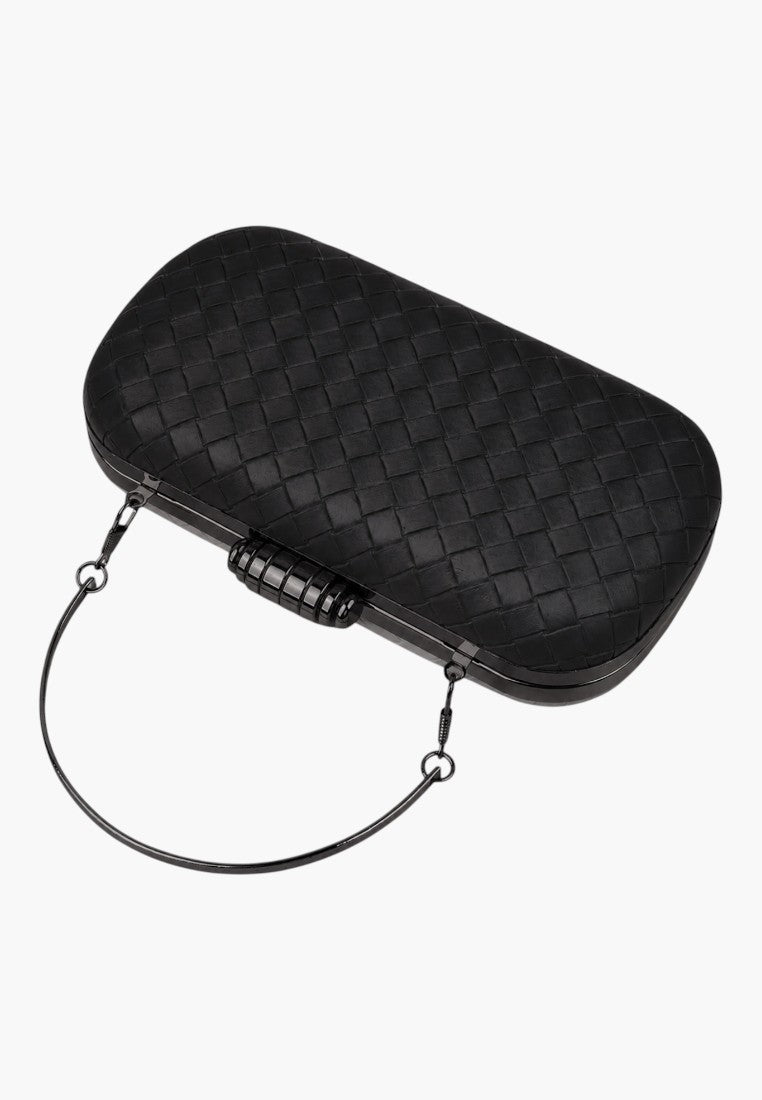 Other angle of a black clutch bag highlighting its rounded edges and metal handle.