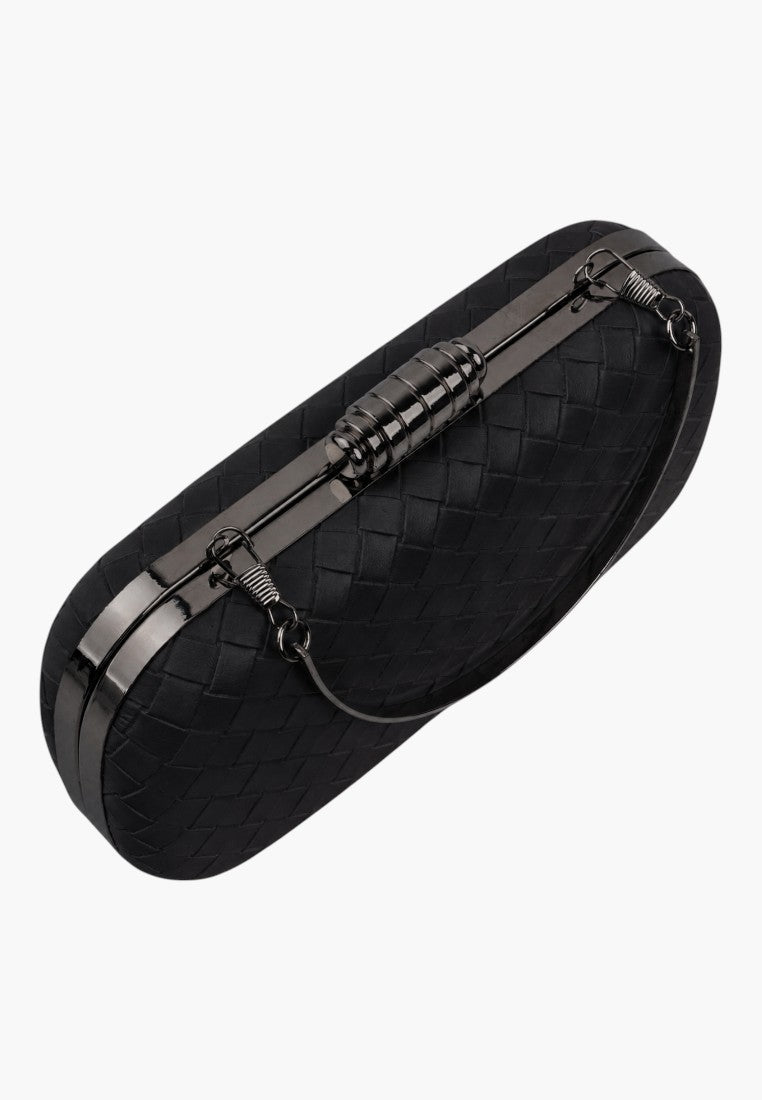 Side view of a black clutch bag featuring a zipper closure and sleek design.