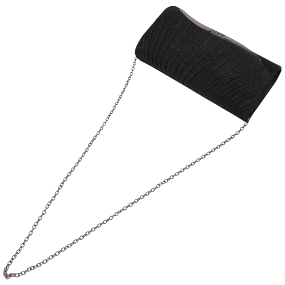 Side view of the black clutch bag featuring smooth fabric and chain strap.