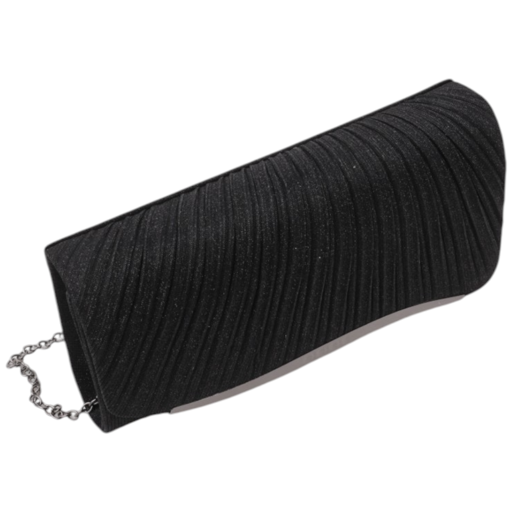 Side view of the black clutch bag with textured fabric and chain strap.