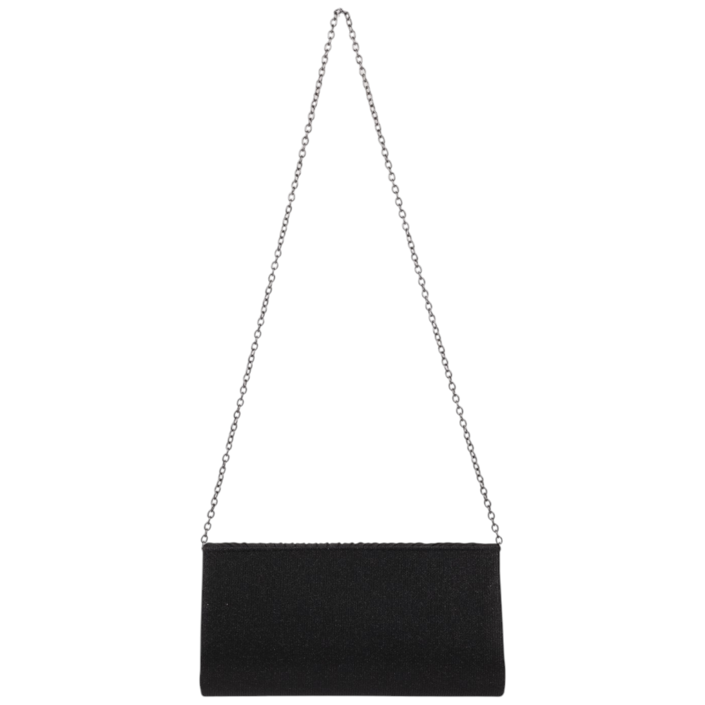 Back view of the black clutch wallet with a plain back and chain strap.