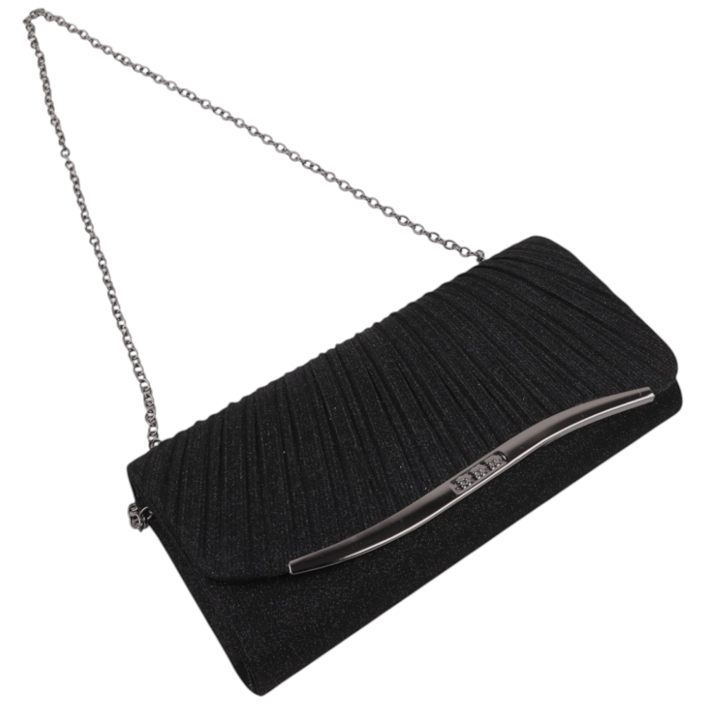 Detail close-up of the black clutch wallet showing zipper closure and textured surface.
