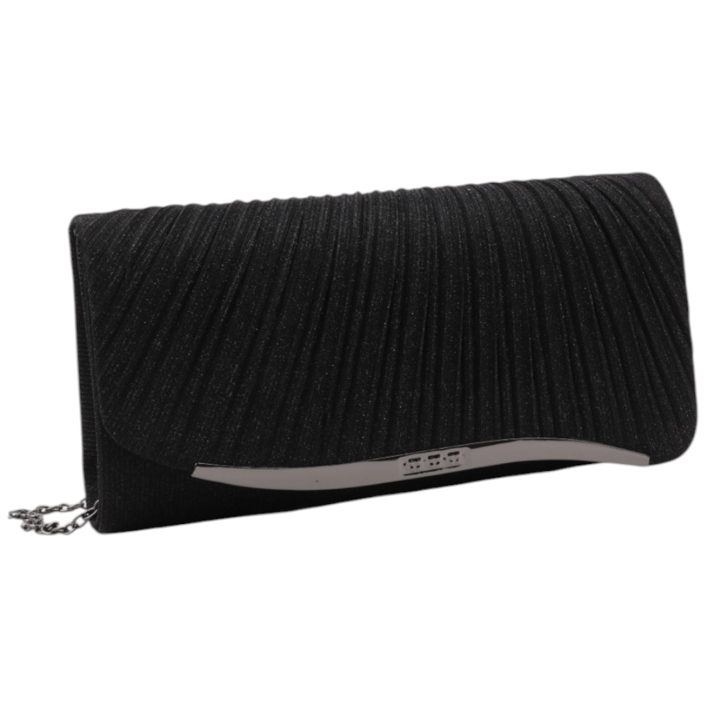 Front view of the black clutch wallet with textured surface and silver accents.