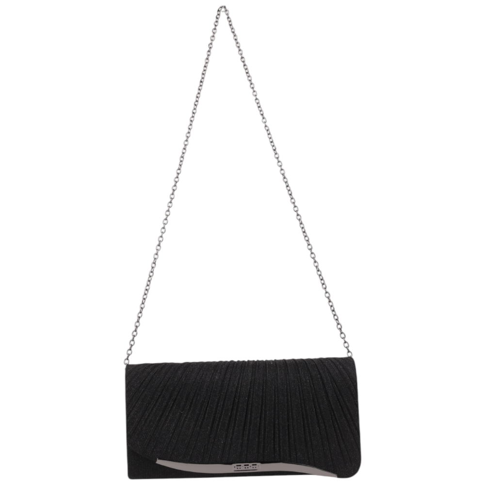 Side view of the black clutch wallet featuring a chain strap and silver accents.