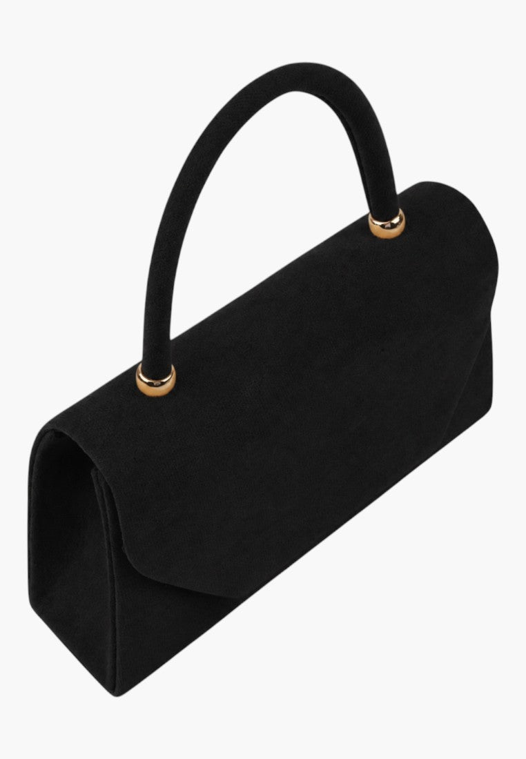 Back view of a black handbag featuring a smooth finish and top handle on a white background.
