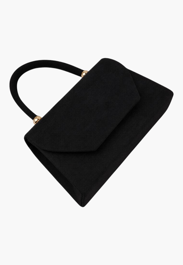 Close-up detail of a black handbag showing its rounded shape and gold hardware on a white background.