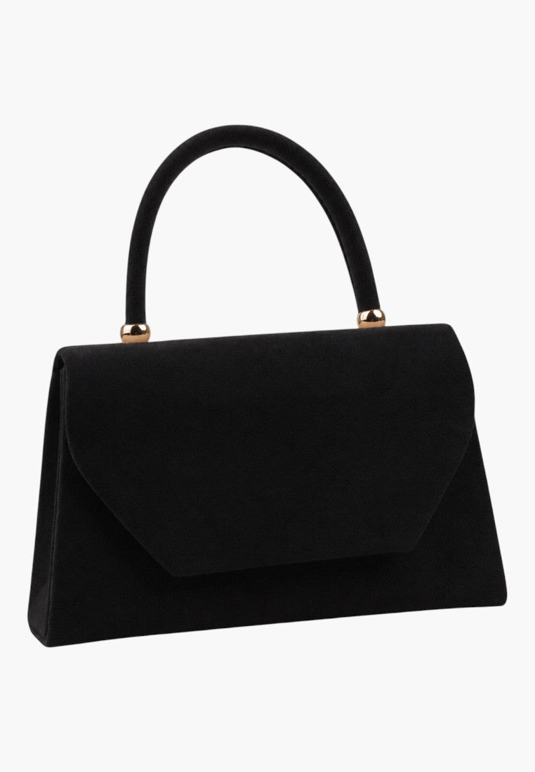 Front view of a black handbag with a top handle and envelope flap on a white background.