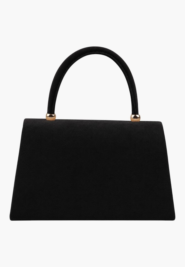 Front view of a structured black handbag with a top handle on a white background.