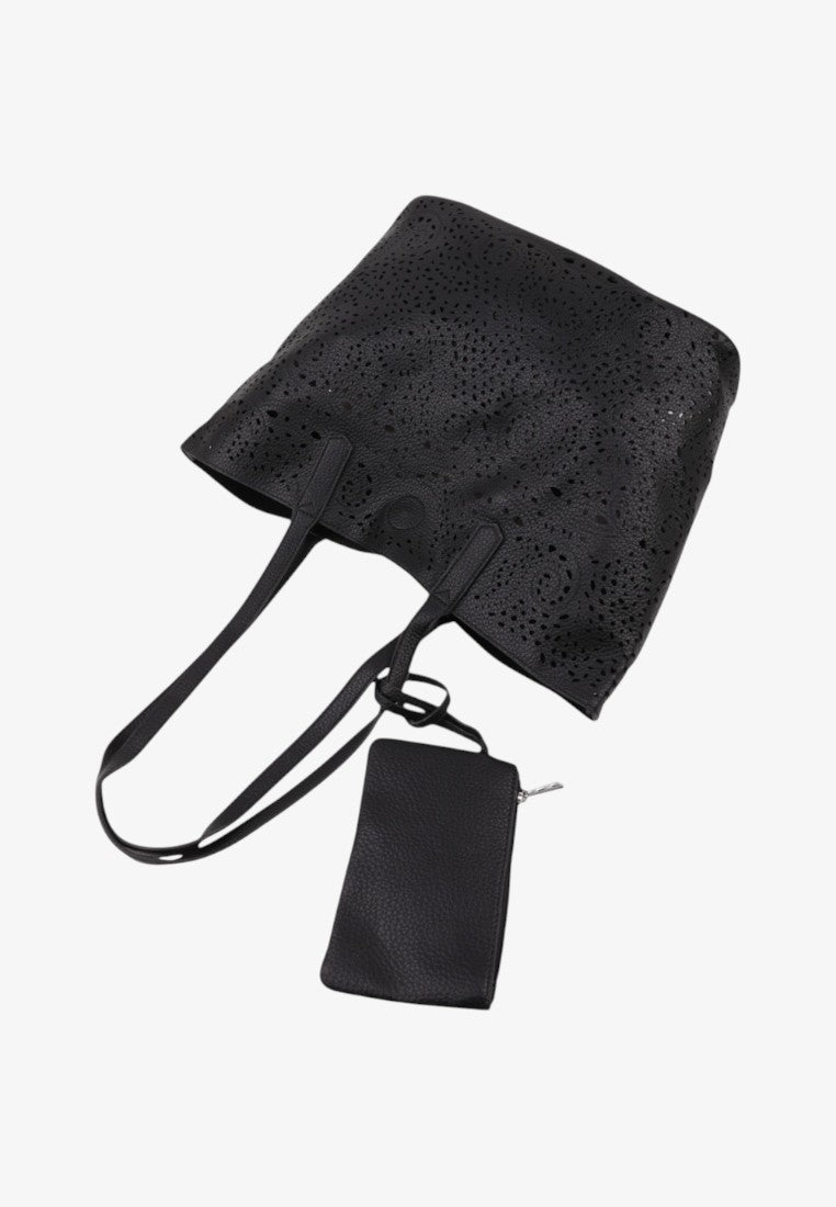 Detail close-up of a black tote bag showing a textured surface and an attached pouch on a white background.