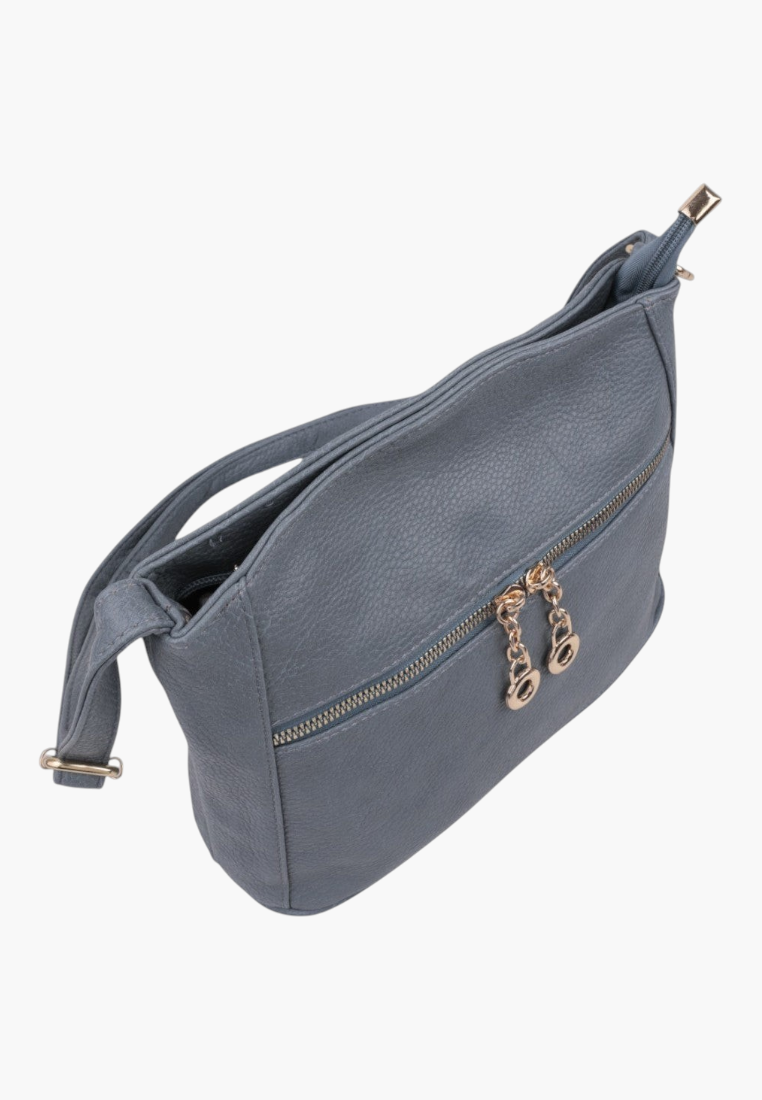 Back view of a blue handbag featuring zipper closure and gold hardware on a white background.