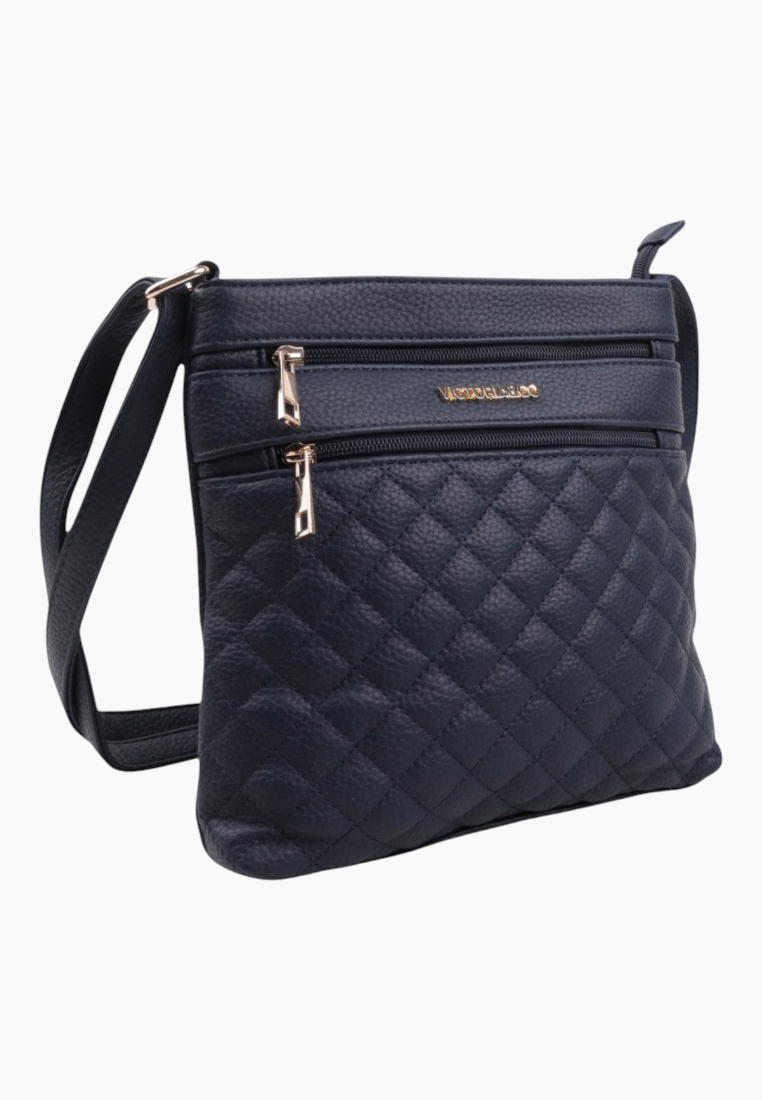 Detail of the navy quilted handbag showing zipper pockets on a white background.