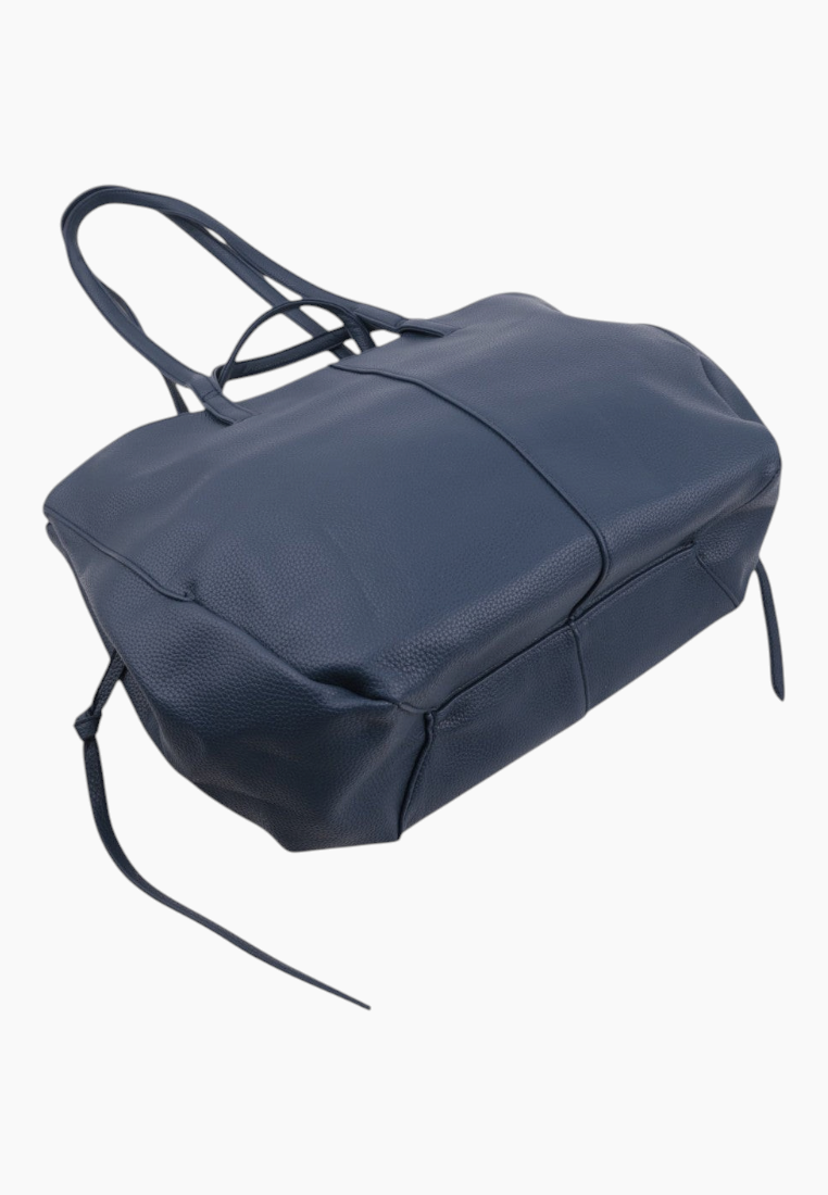 Bottom view of a navy tote bag with two handles on a white background.