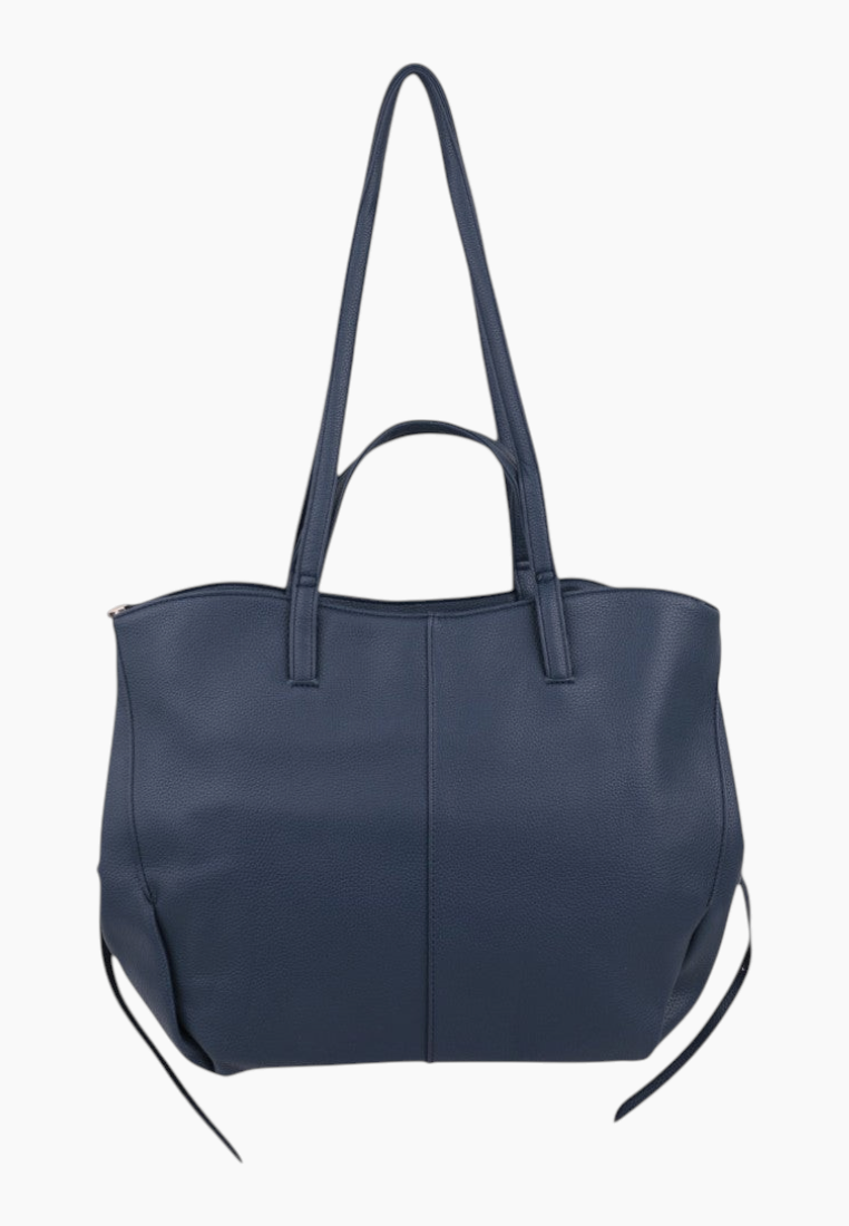 Front view of a spacious navy tote bag with two handles on a white background.