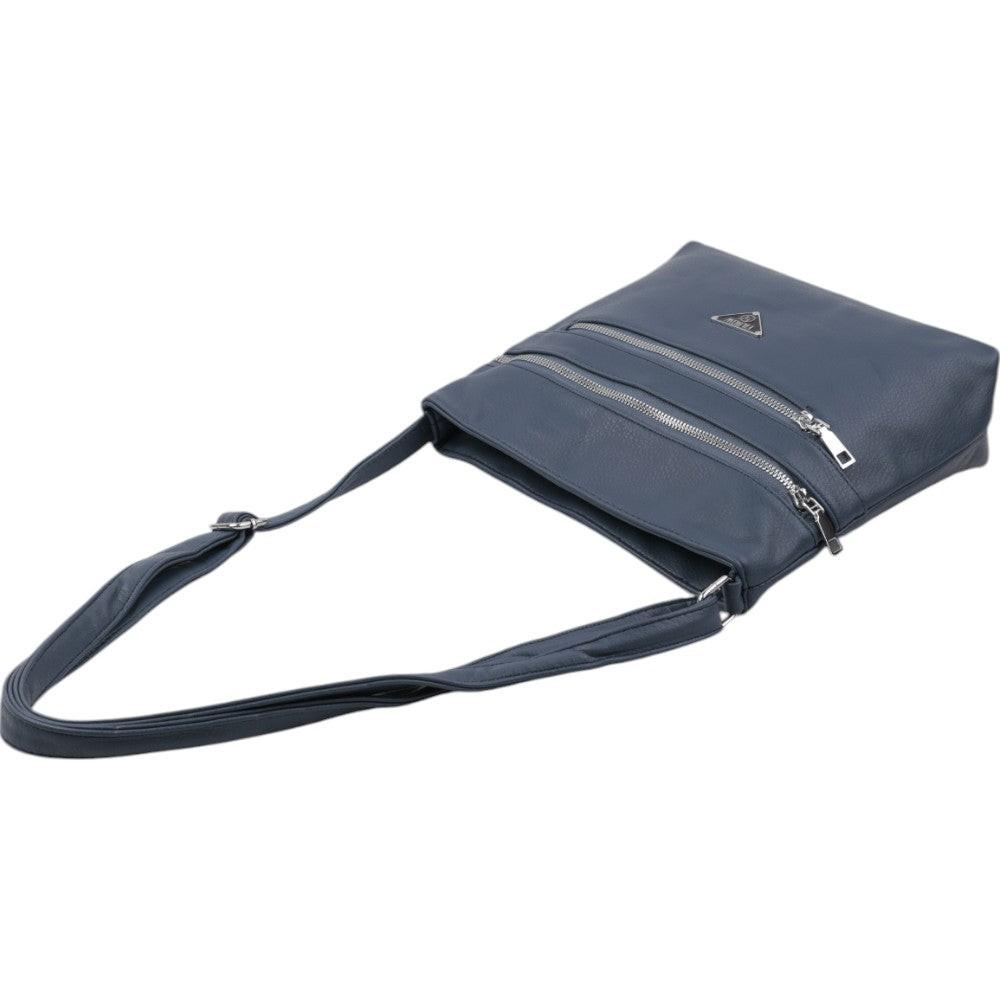 Side view of a blue shoulder bag featuring a zipper closure and flat design on a white background.