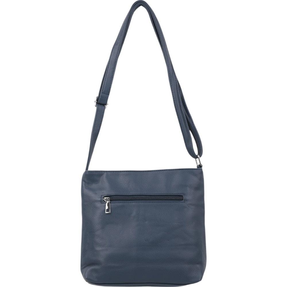Front view of a blue shoulder bag with a zipper pocket and adjustable strap on a white background.