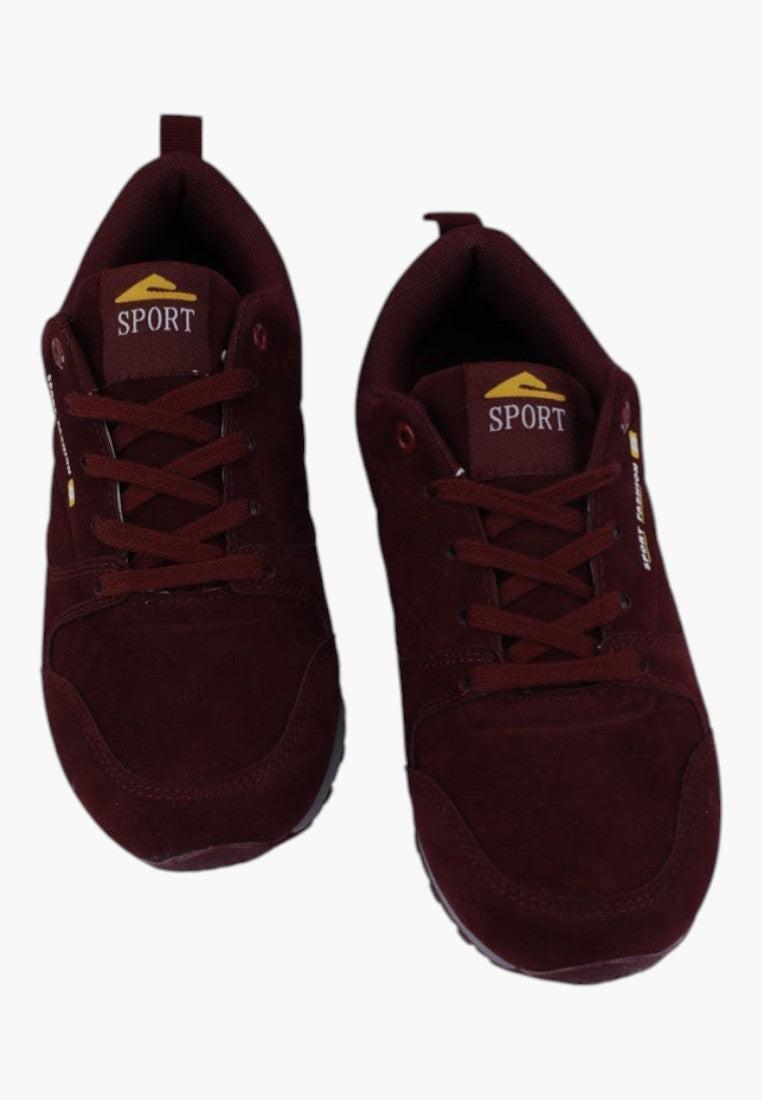 Bordowe sportowe buty damskie z amortyzowaną wkładką, widok z góry.