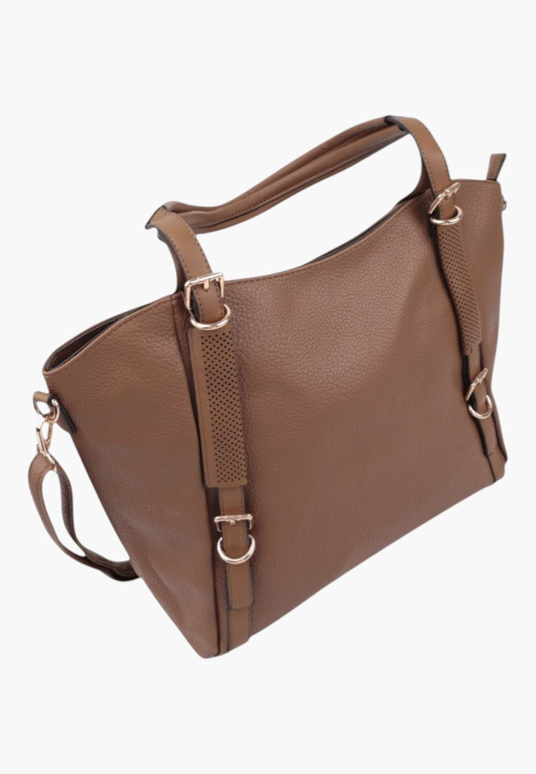 Torebka damska shopper w brązowej skórze ekologicznej, widok z dołu z detalami.