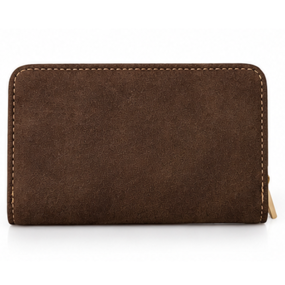 Front view of the brown wallet with smooth texture and zipper closure.