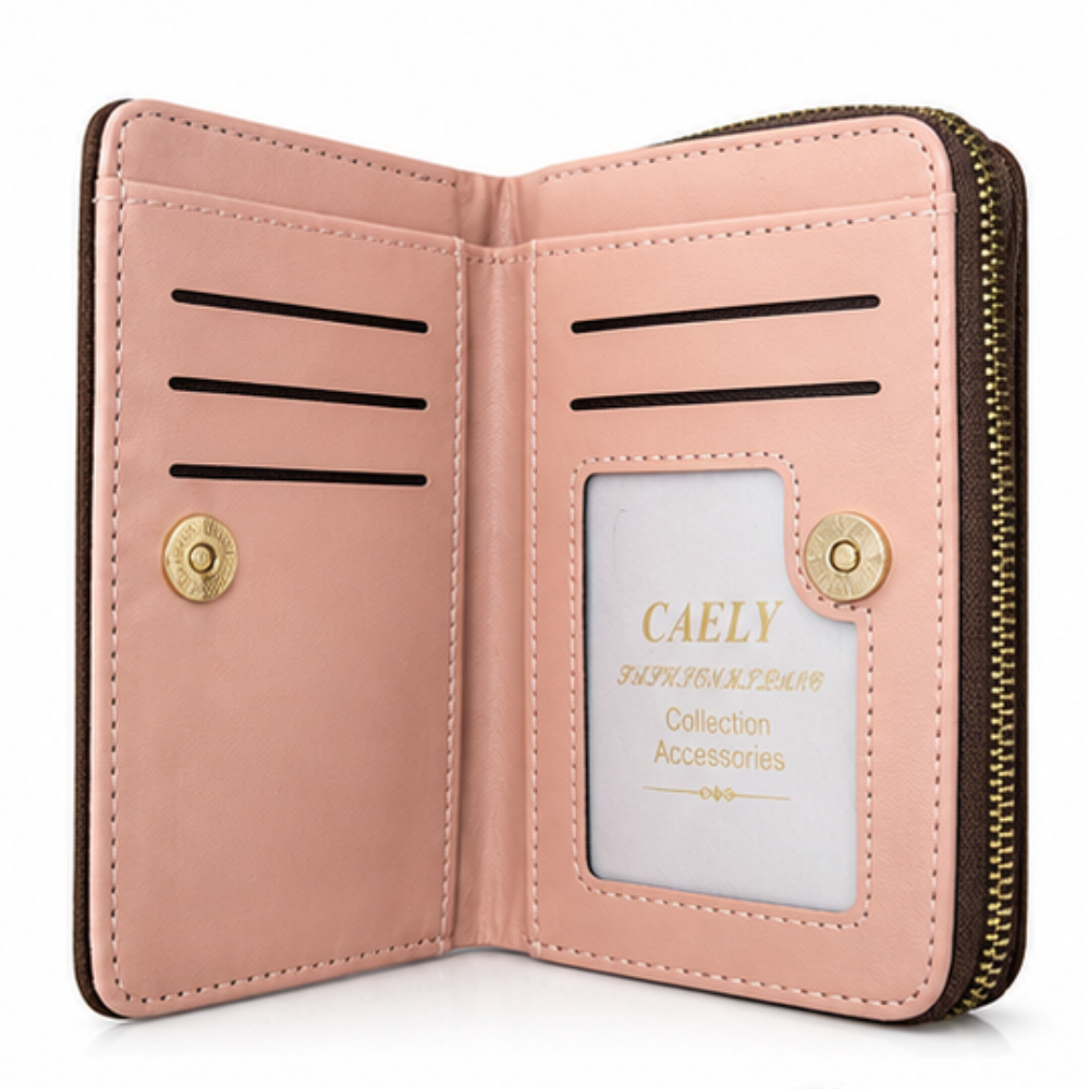 Detail close-up of the interior of the wallet showing card slots and ID window.