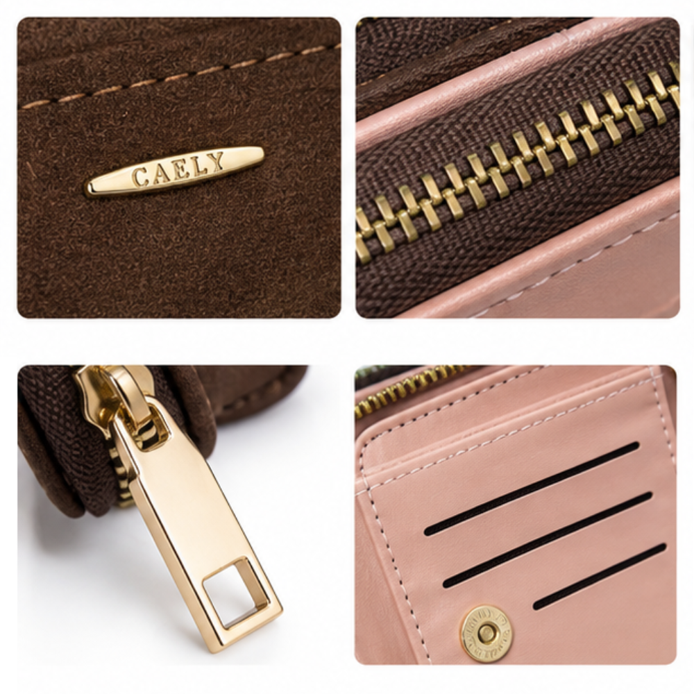 Detail close-up of wallet interior showing card slots and zipper compartment.