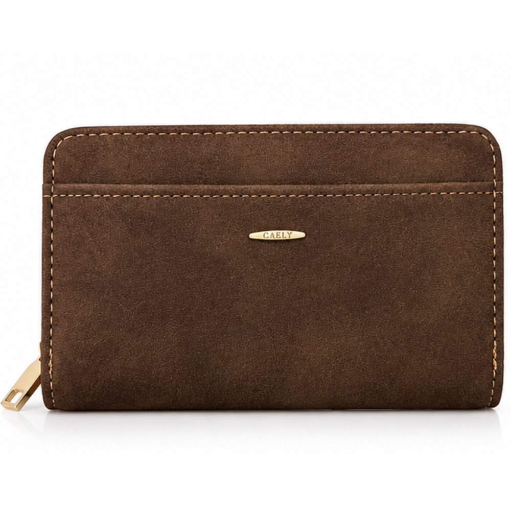 Side view of the brown wallet with zipper closure and gold hardware.
