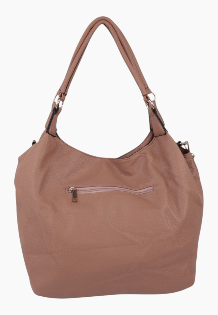 Front view of the brązowa torebka shopper z zamkiem i miękkiego materiału.