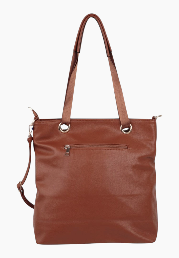 Tylny widok brązowej torebki shopper z zamkiem i dwoma uchwytami na białym tle.