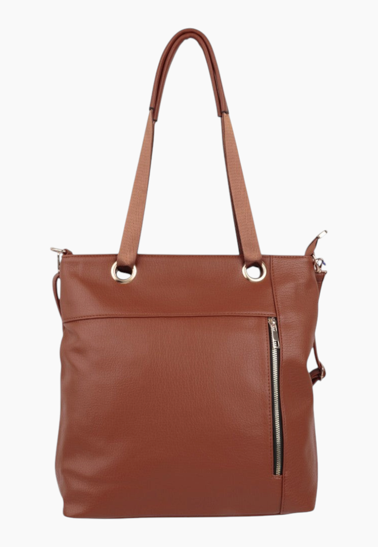 Przedni widok brązowej torebki shopper z zamkiem i dwoma uchwytami na białym tle.