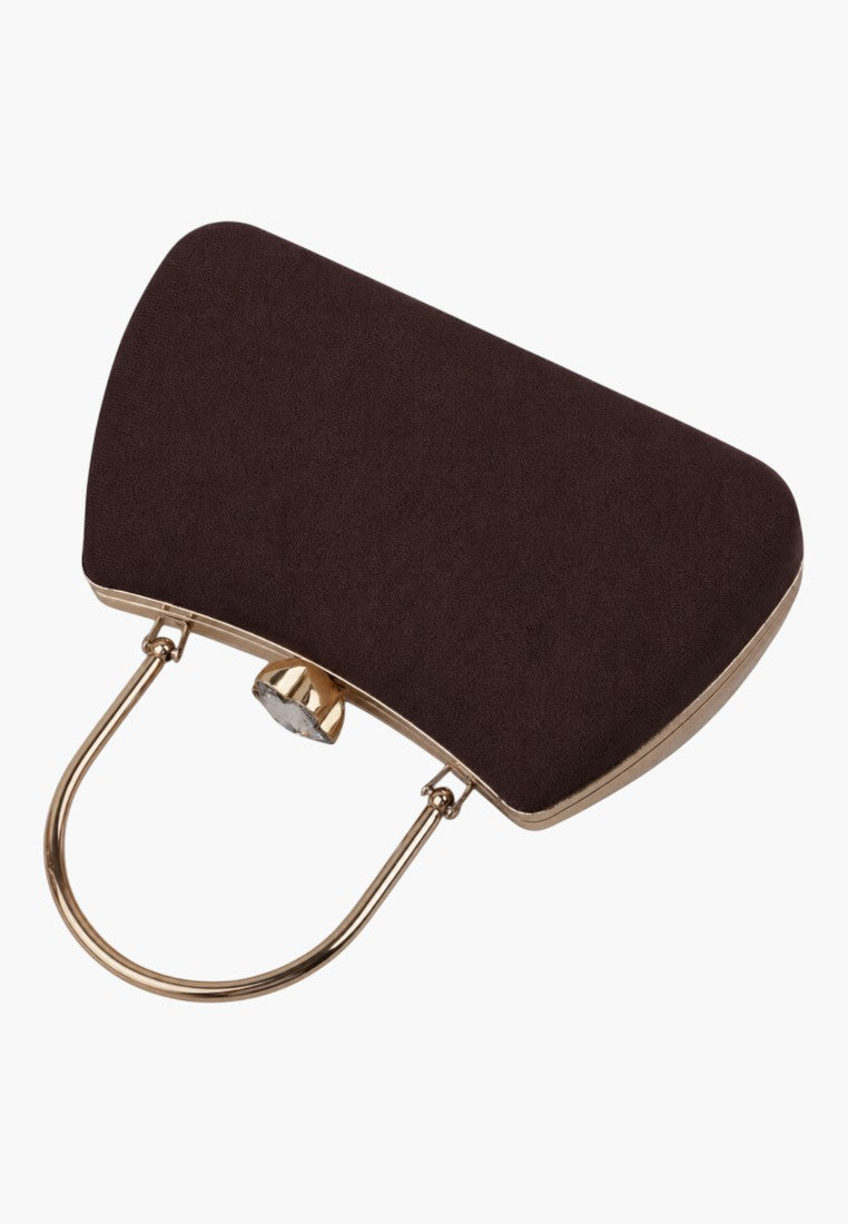 Back view of a brown handbag with gold hardware on a white background.