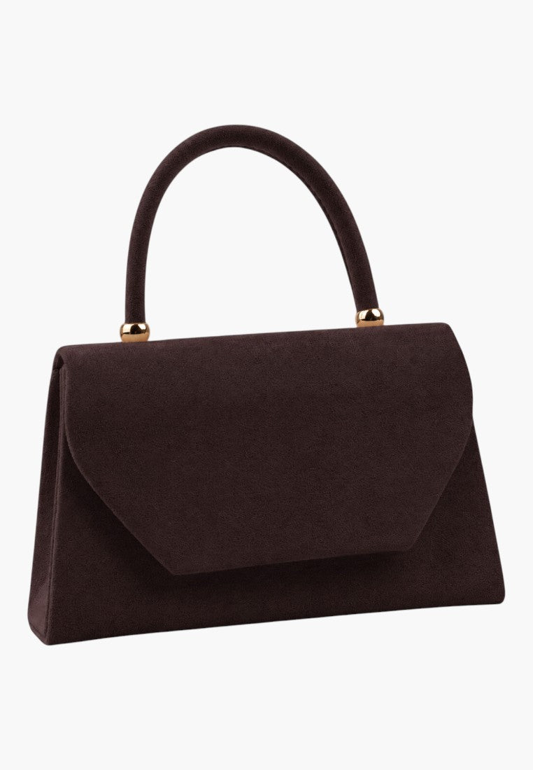 Front view of a brown handbag with a flap closure and top handle on a white background.